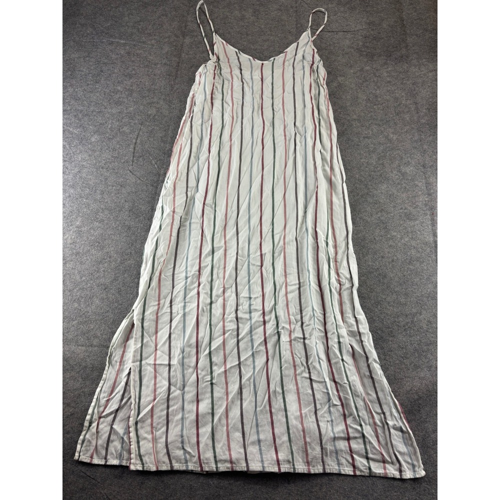 Cozy Earth Striped Maxi Dress White Multi Color Side Slit Womens M Boho Whimsy